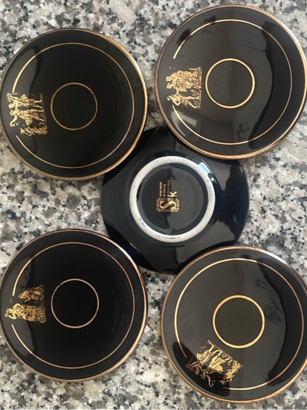 Vintage Greek Archive Hand Painted Porcelain Saucers 24k Gold Black Greece Set o
